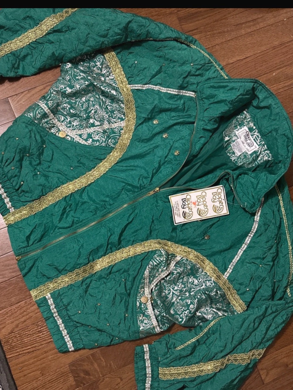 NWT Vintage 80s 90s Clipper Bay Emerald Green Gold Brocade Windbreaker Jacket